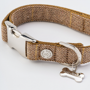 CARAMEL CHECKED HERRINGBONE METAL BUCKLE DOG COLLAR
