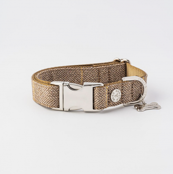 CARAMEL CHECKED HERRINGBONE METAL BUCKLE DOG COLLAR